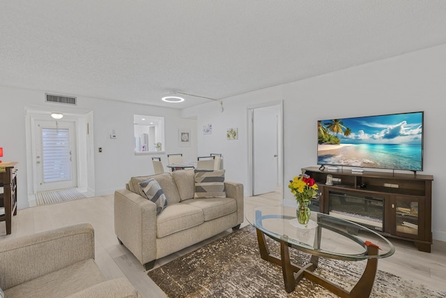 living room featuring a textured ceiling