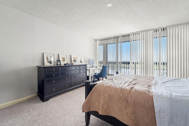 carpeted bedroom with a textured ceiling