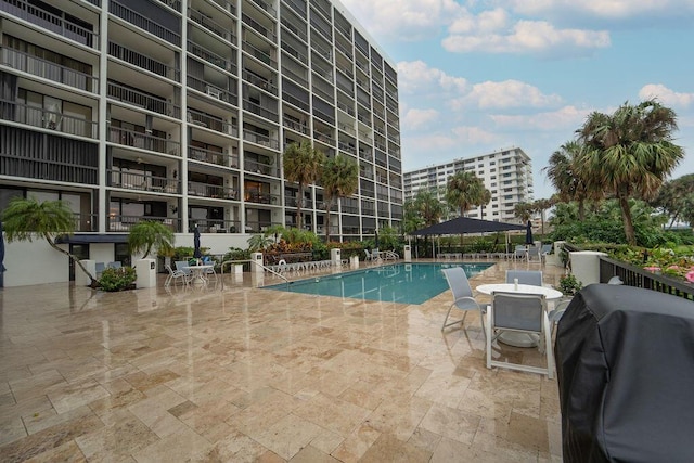 view of swimming pool featuring a patio and a grill