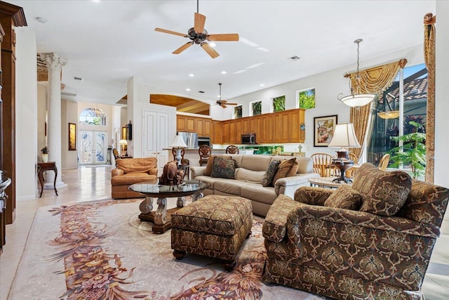 living room with ceiling fan