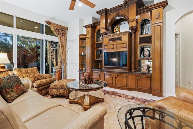 living room with ceiling fan