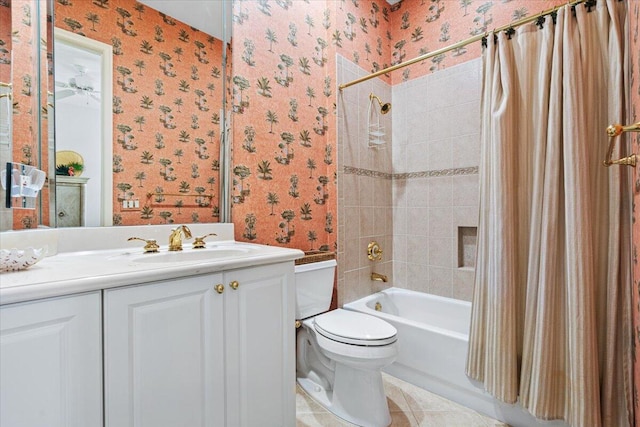 full bathroom featuring shower / bathtub combination with curtain, vanity, tile patterned floors, and toilet