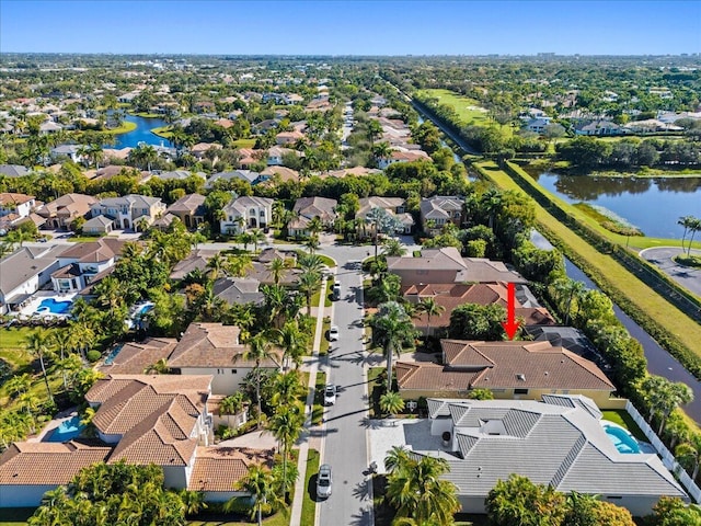 bird's eye view with a water view