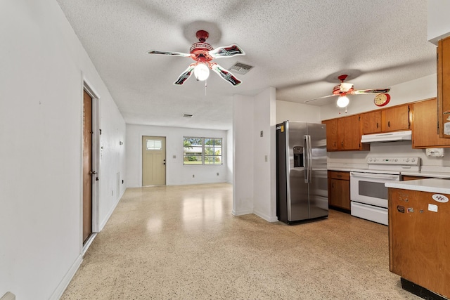 kitchen featuring white range with electric cooktop, a textured ceiling, stainless steel fridge with ice dispenser, and ceiling fan