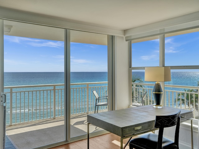 sunroom featuring a water view and a wealth of natural light