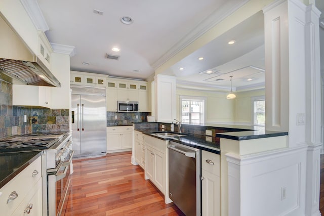 kitchen with crown molding, premium appliances, pendant lighting, sink, and light wood-type flooring