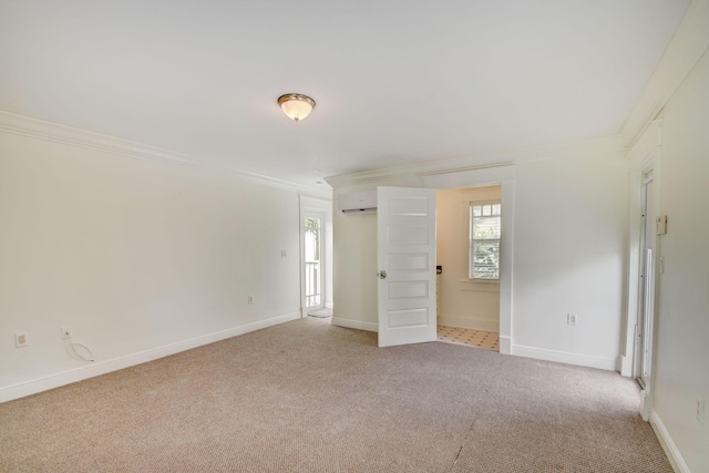 unfurnished bedroom featuring crown molding, an AC wall unit, and light carpet