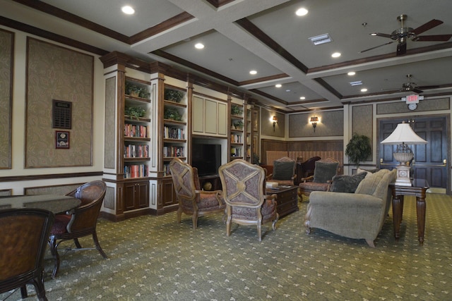 living room with coffered ceiling, beam ceiling, ceiling fan, and carpet