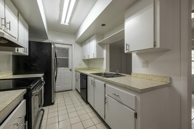 kitchen with white cabinetry, light tile patterned floors, sink, and black appliances