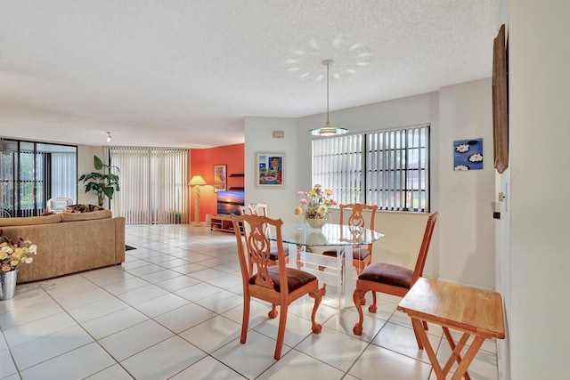 tiled dining room featuring plenty of natural light and a textured ceiling