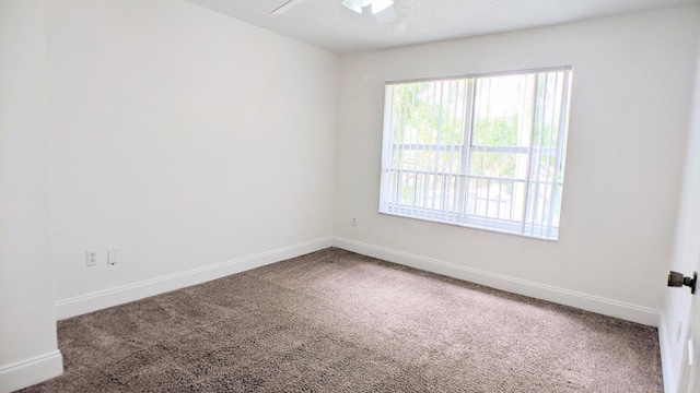 empty room featuring a textured ceiling, carpet flooring, and ceiling fan