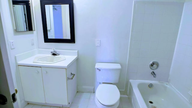 full bathroom with tile patterned floors, toilet, vanity, and tiled shower / bath combo