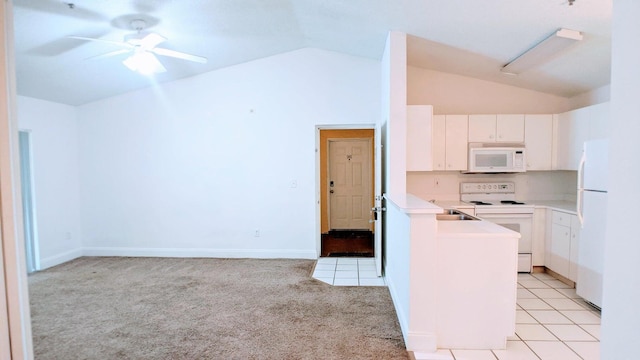 kitchen with white appliances, white cabinetry, light carpet, ceiling fan, and high vaulted ceiling