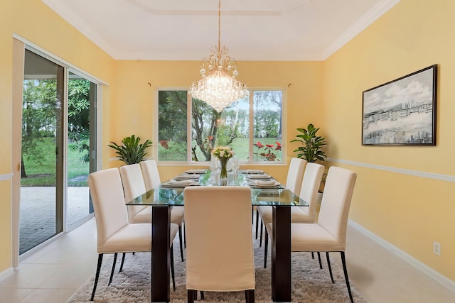 tiled dining area with crown molding, plenty of natural light, and an inviting chandelier