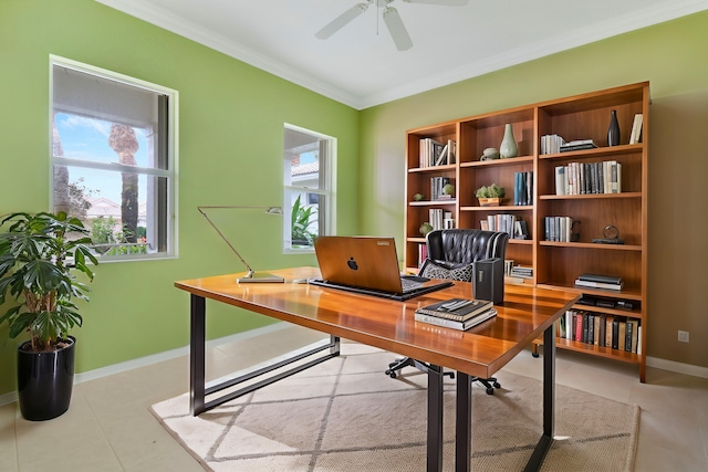 tiled office space featuring ornamental molding and ceiling fan