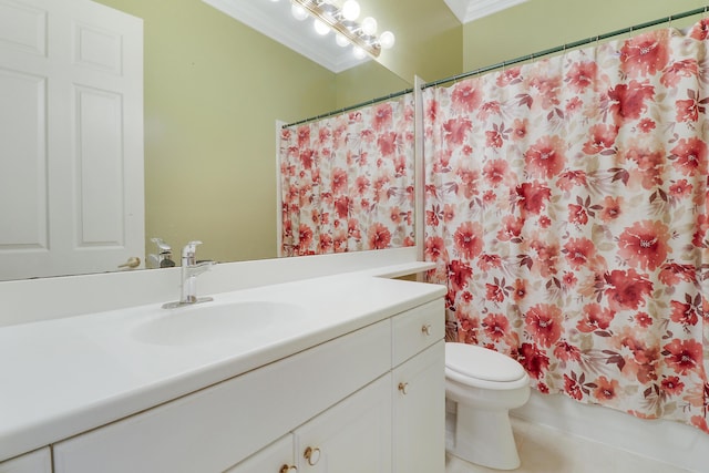 bathroom with toilet, tile patterned flooring, vanity, walk in shower, and crown molding