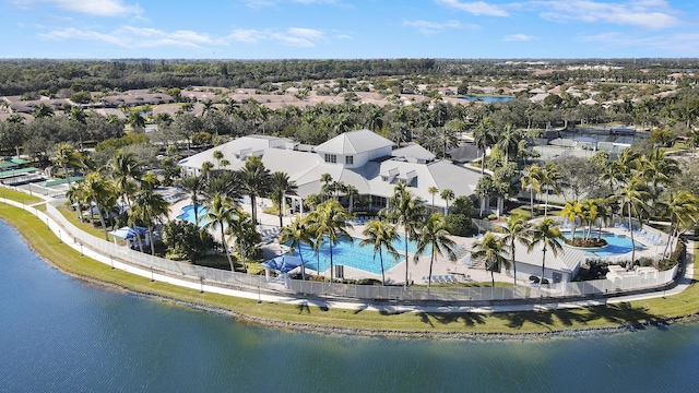 drone / aerial view with a water view