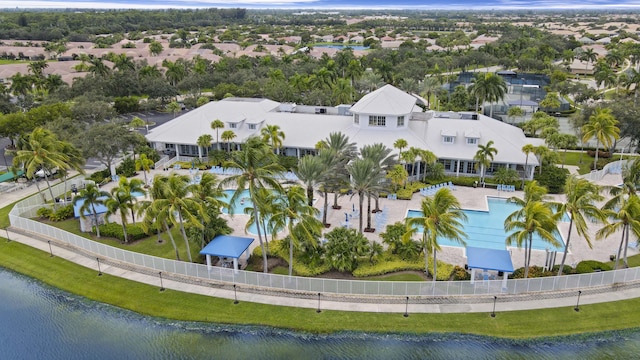 aerial view featuring a water view