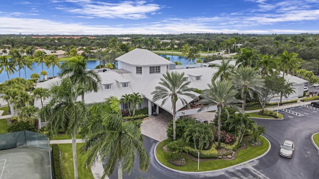 aerial view featuring a water view