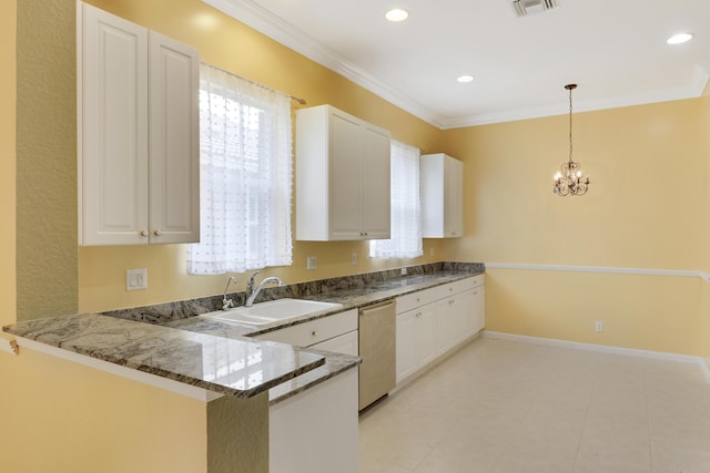 kitchen with sink, white cabinetry, decorative light fixtures, dishwasher, and kitchen peninsula