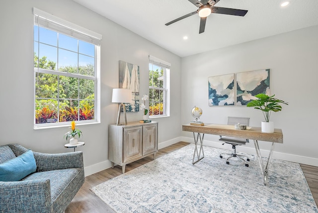 office space featuring plenty of natural light, ceiling fan, and light hardwood / wood-style flooring