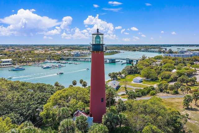 drone / aerial view with a water view