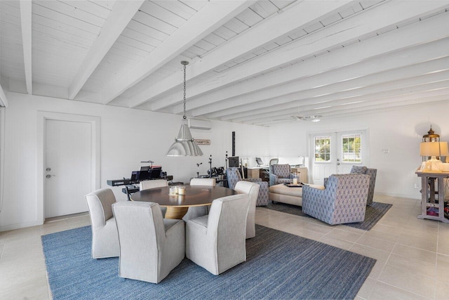 dining room featuring baseboards, beamed ceiling, and light tile patterned flooring