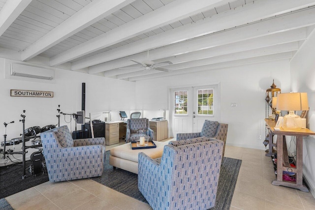 living area with ceiling fan, light tile patterned flooring, baseboards, a wall mounted AC, and beam ceiling