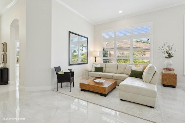 living room with ornamental molding