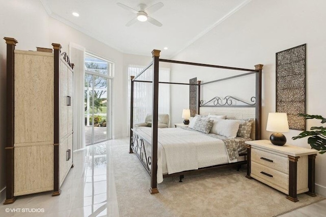 bedroom with access to exterior, ornamental molding, and ceiling fan