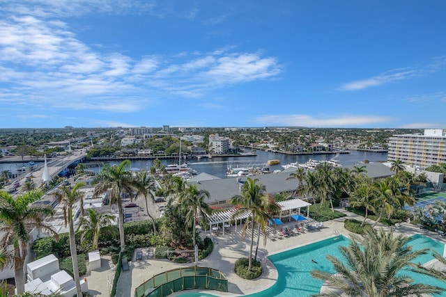 drone / aerial view with a water view