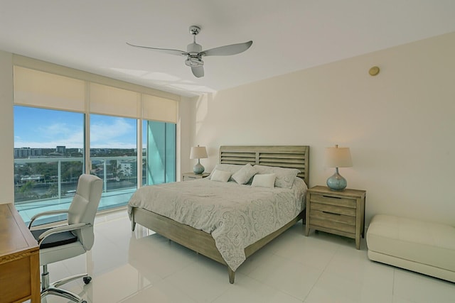 bedroom featuring floor to ceiling windows, access to outside, and ceiling fan