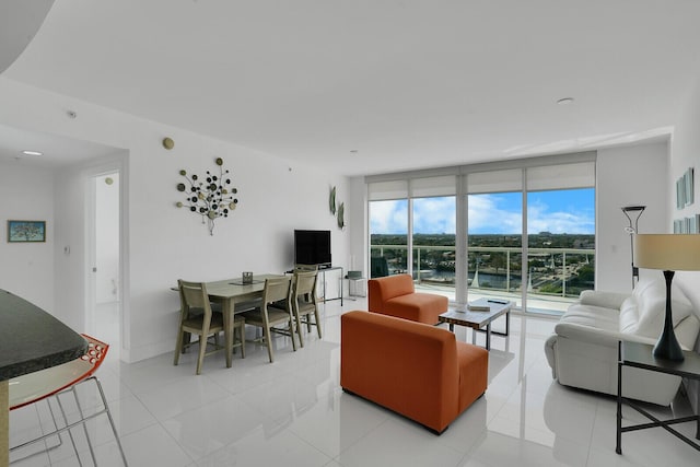 tiled living room with expansive windows