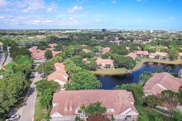 drone / aerial view with a water view