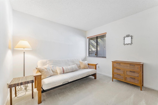 sitting room featuring light colored carpet and a textured ceiling