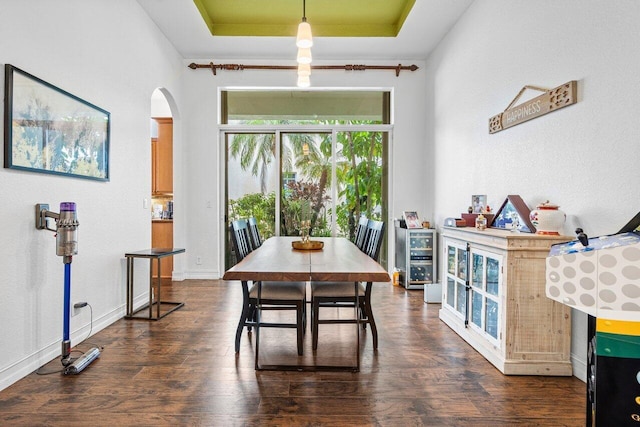 dining room with a tray ceiling and dark hardwood / wood-style flooring