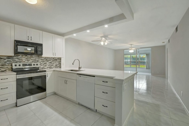 kitchen with sink, dishwasher, white cabinetry, stainless steel electric stove, and kitchen peninsula