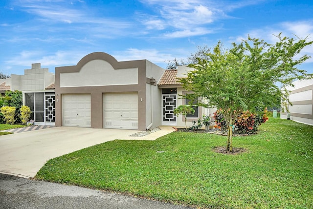 view of front of home with a garage and a front lawn