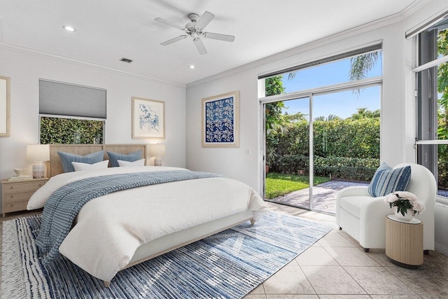 bedroom featuring crown molding, ceiling fan, light tile patterned floors, and access to outside