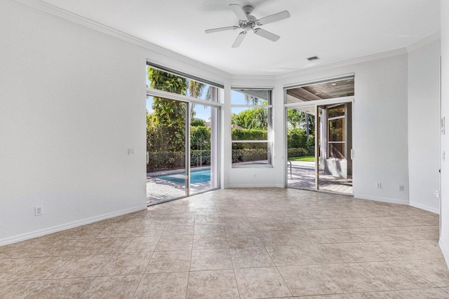 tiled empty room featuring ornamental molding and ceiling fan