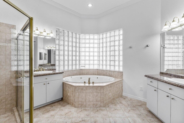 bathroom featuring crown molding, vanity, and plus walk in shower