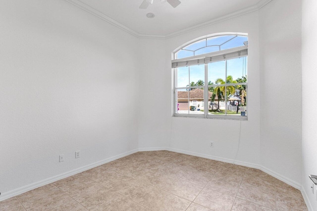 unfurnished room with crown molding, light tile patterned flooring, and ceiling fan