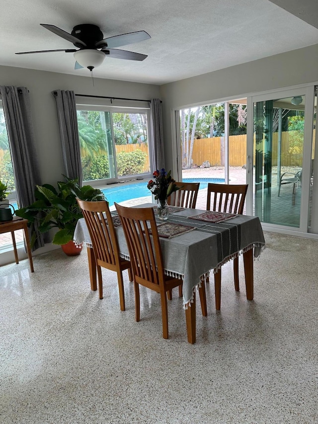 dining room featuring a wealth of natural light, a textured ceiling, and ceiling fan