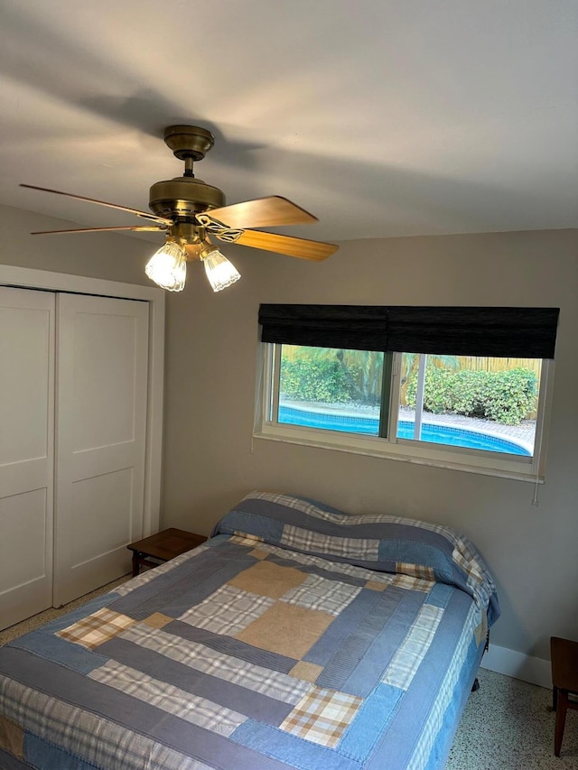 bedroom with ceiling fan and a closet