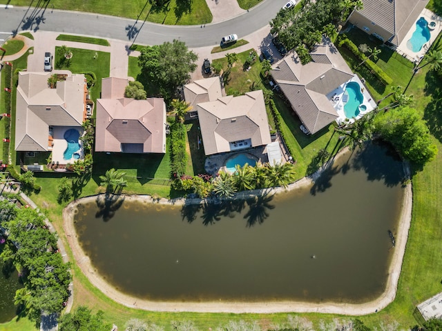 drone / aerial view featuring a water view