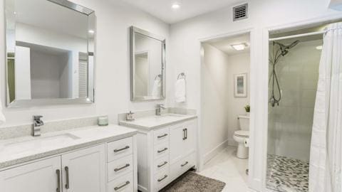 bathroom featuring vanity, toilet, and curtained shower