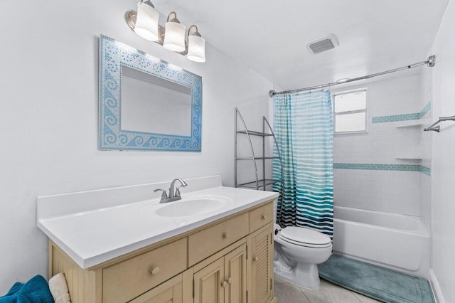 full bathroom with vanity, toilet, tile patterned floors, and shower / tub combo with curtain