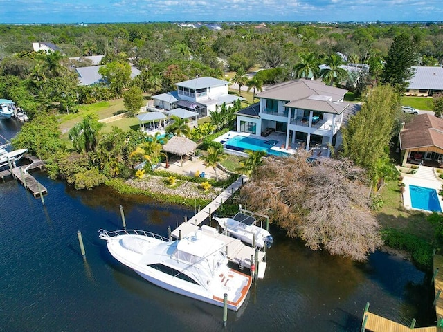 drone / aerial view featuring a water view