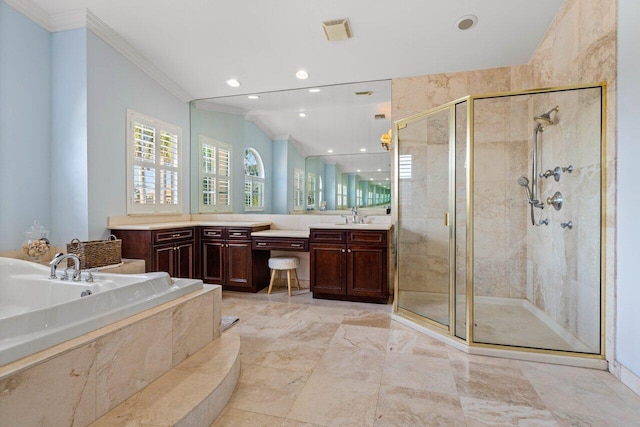 bathroom with ornamental molding, vanity, lofted ceiling, and shower with separate bathtub