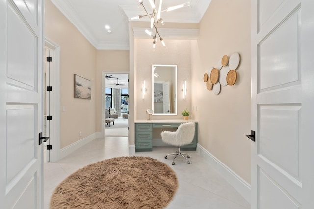 tiled office featuring ornamental molding